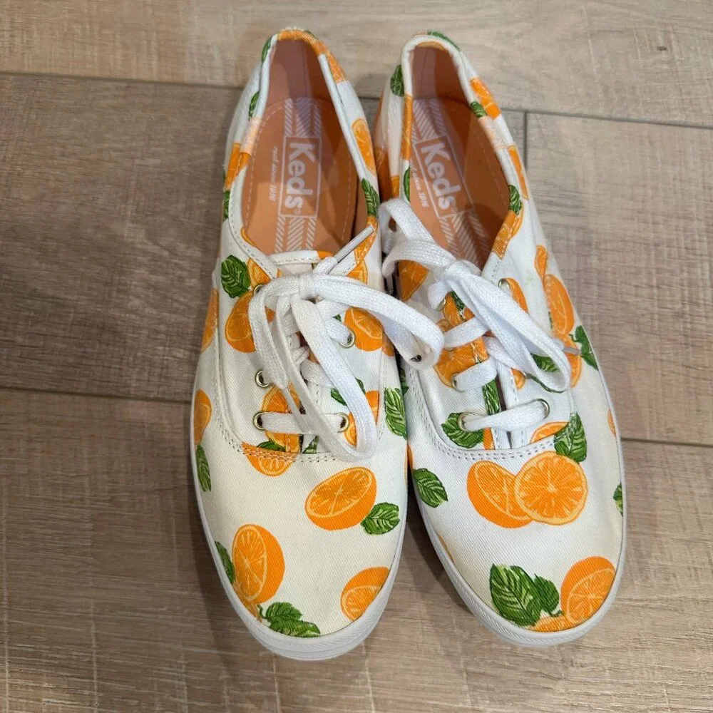 WOMENS CANVAS KEDS ORANGE PATTERN WHITE 7.5 SNEAKERS SHOES